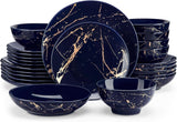 16-Piece Marble Ceramic Dinnerware Set Luxury Plates & Bowls with Gold Pattern