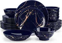 16-Piece Marble Ceramic Dinnerware Set Luxury Plates & Bowls with Gold Pattern