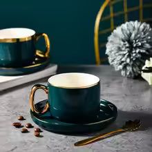 Green Ceramic Coffee Cup & Saucer Set with Gold Trim – 200ml