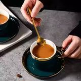 Green Ceramic Coffee Cup & Saucer Set with Gold Trim – 200ml