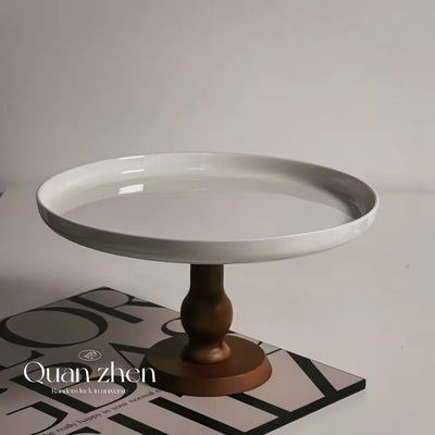 French Vintage Ceramic Cake & Fruit Plate with Wooden-Style Stand