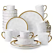 White Stoneware Dinnerware Set with Gold Trim – Handmade Style Tableware