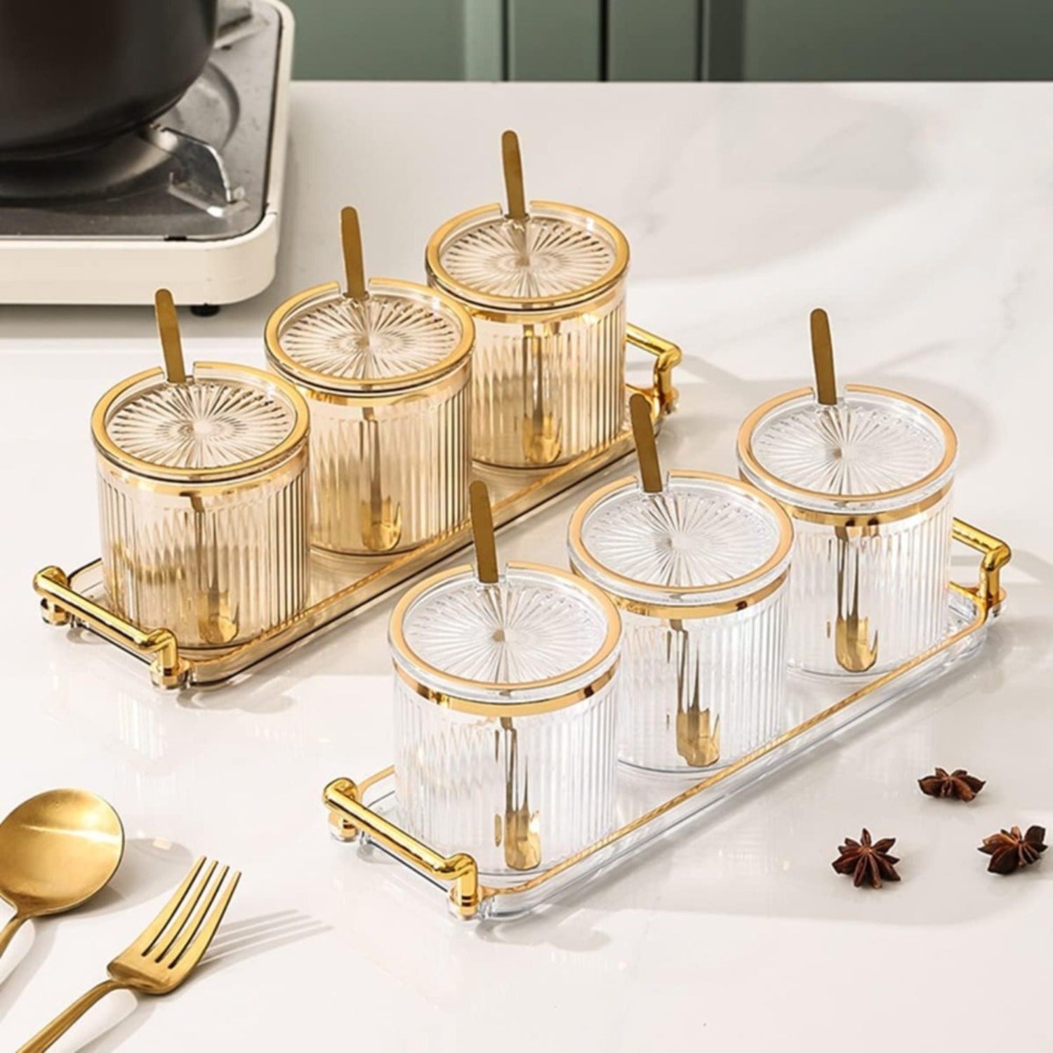 3-Jar Gold Rim Spice Set with Tray