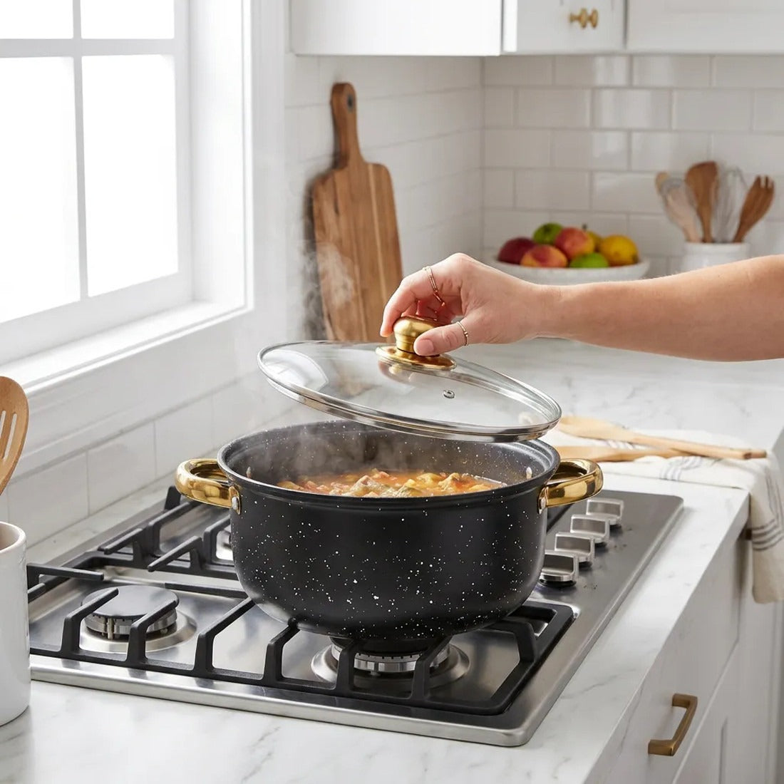 12-Piece Granite Cookware Set with Gold Handles