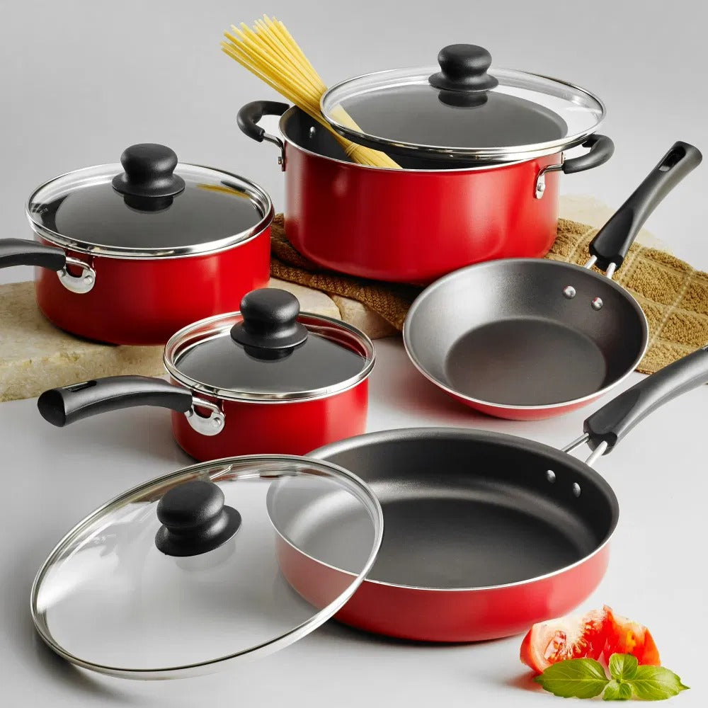Red Non Stick Cookware Set With Glass Lids
